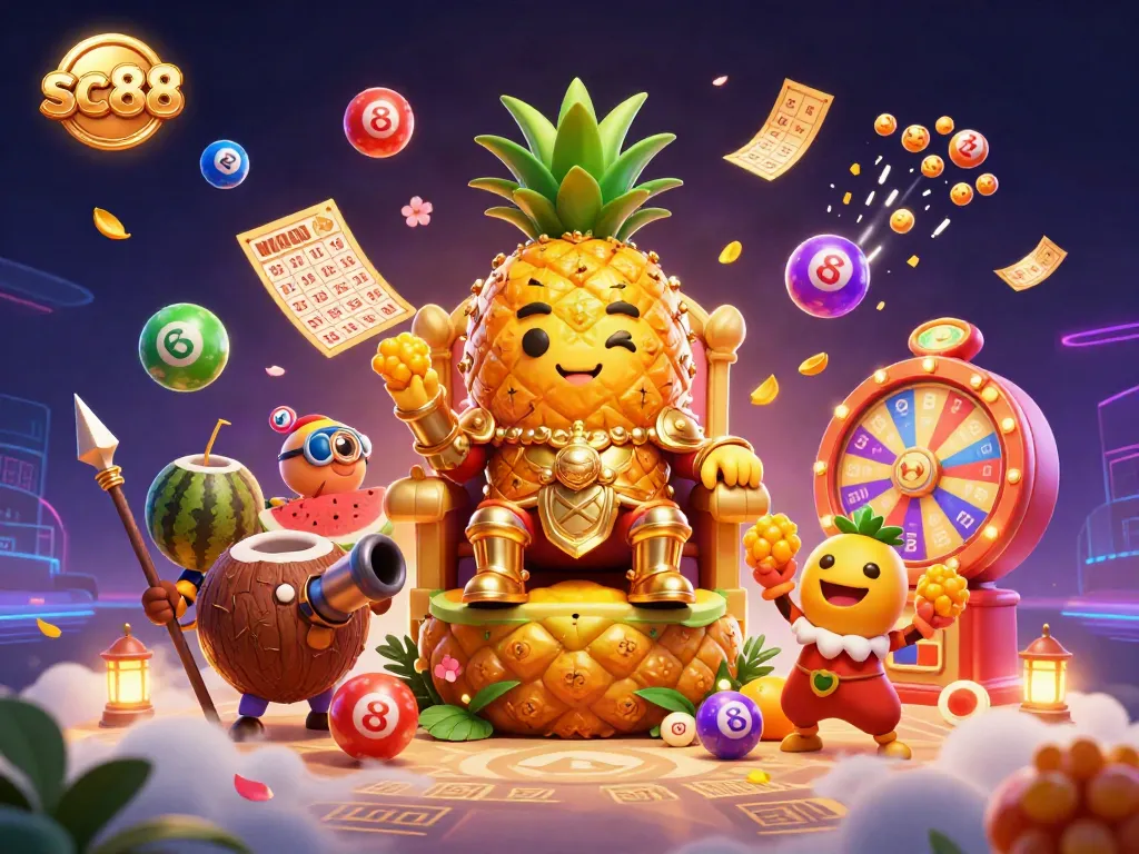 Engage in exciting sc88 casino fun with the golden pineapple king and vibrant lottery elements.