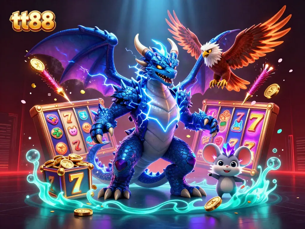Boost your gameplay with tt88 in this vibrant 3D casino illustration featuring amazing characters and elements.