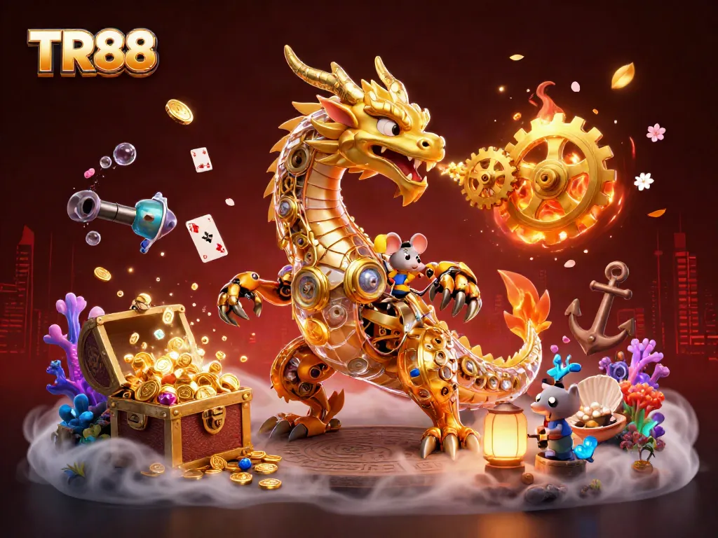 Experience exciting gameplay at TR88 with a vibrant illustration featuring a golden dragon and gaming elements