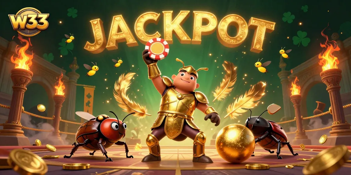 w33 brings you a thrilling victory scene with a hercules beetle lifting a poker chip amidst golden casino elements.