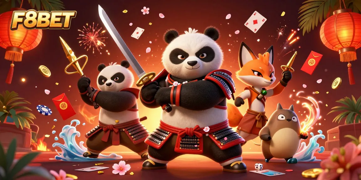 Experience thrilling gameplay with F8BET in this vibrant 3D digital illustration featuring samurai panda and ninja fox.