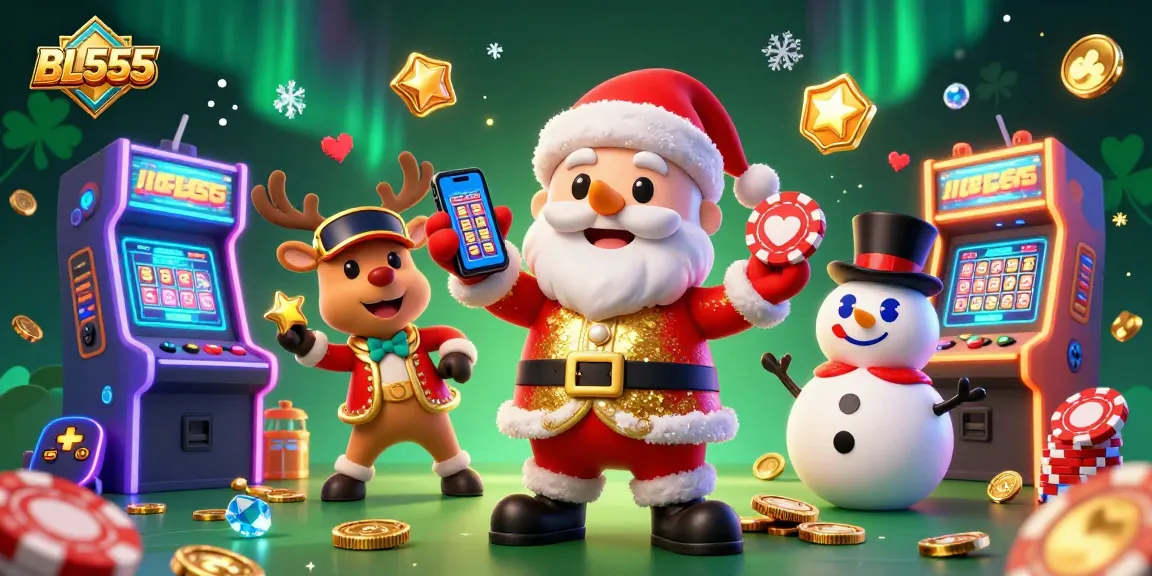 Immerse in BL555's jackpot excitement with cartoon Santa, reindeer dealer, and a chip-top hat snowman.