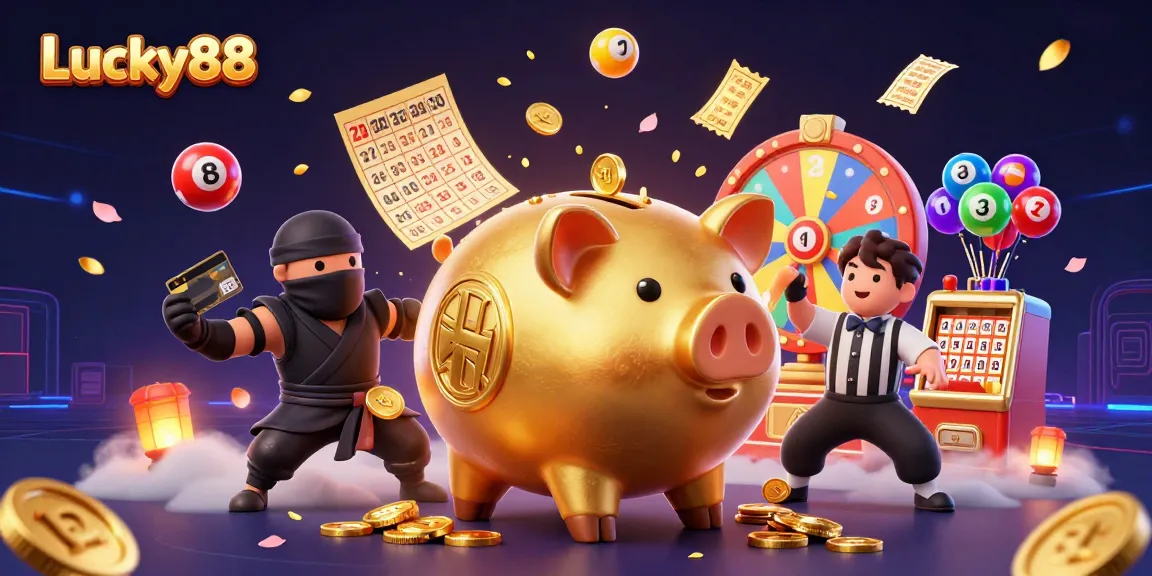 Engage with Lucky88, the ultimate slot game, featuring vibrant characters and jackpot elements in a dynamic casino scene.