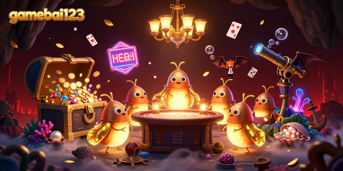 Experience vibrant gamebai123 gameplay in a lively bioluminescent cave casino with unique characters.