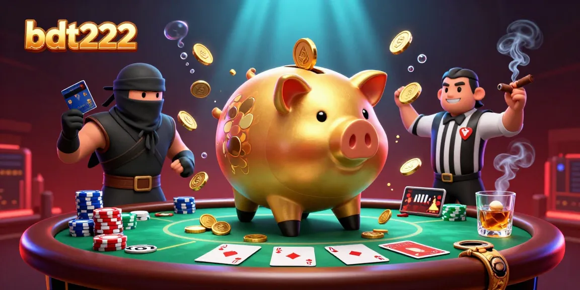 Experience bdt222 gaming with a dynamic display featuring a golden piggy bank sumo wrestler surrounded by poker elements.