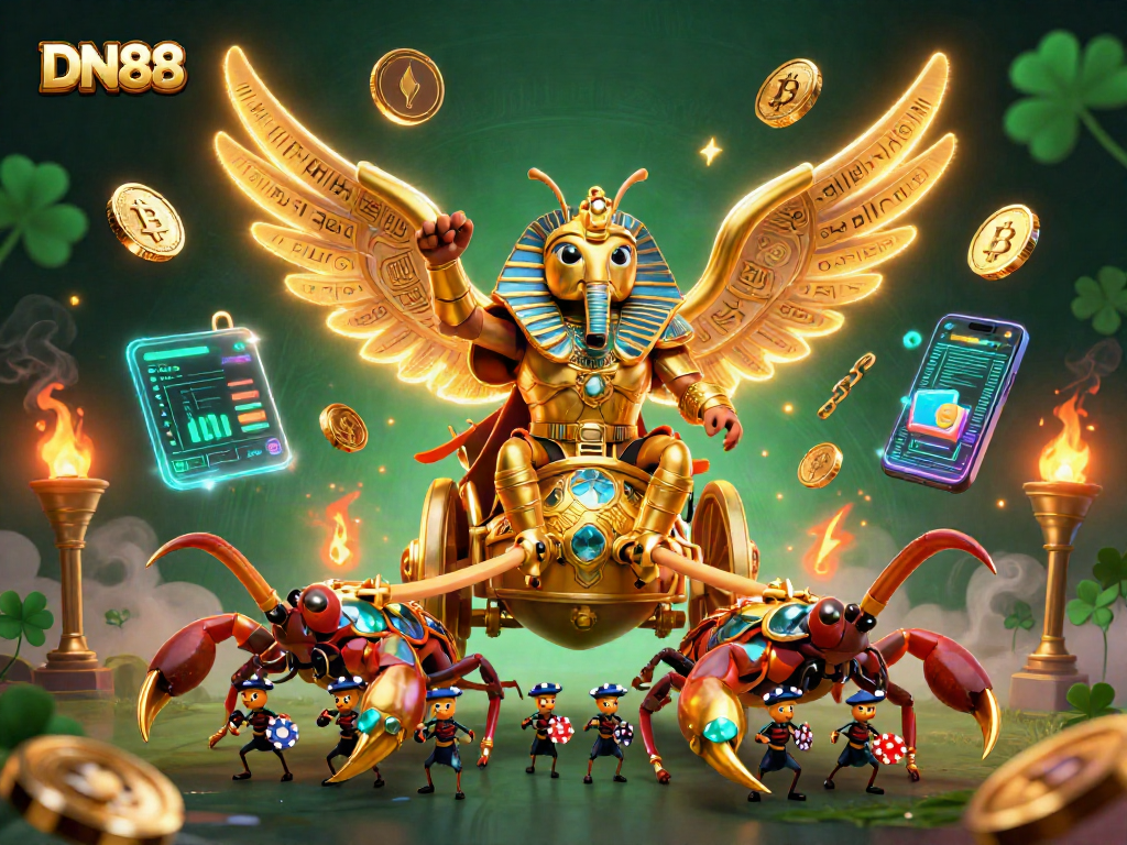 Experience the excitement of DN88 with a vivid illustration of a golden scarab beetle in a casino-themed adventure.