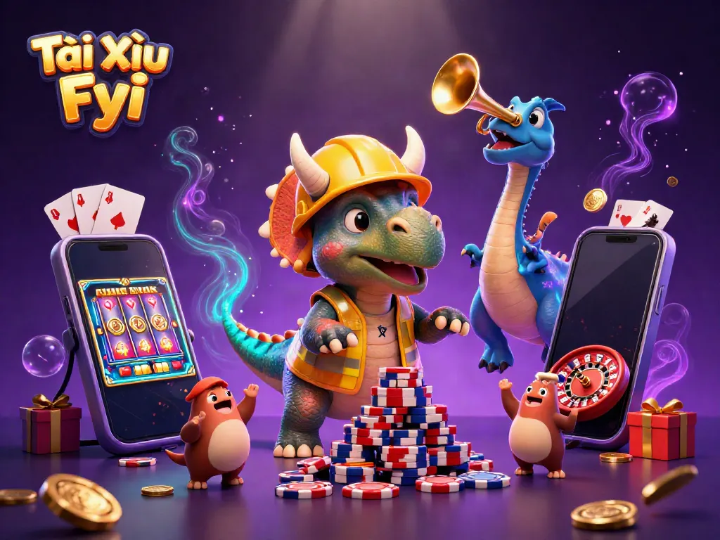 Tài Xỉu Fyi showcases a cartoon triceratops and parasaurolophus celebrating a casino win, symbolizing joyful gambling.