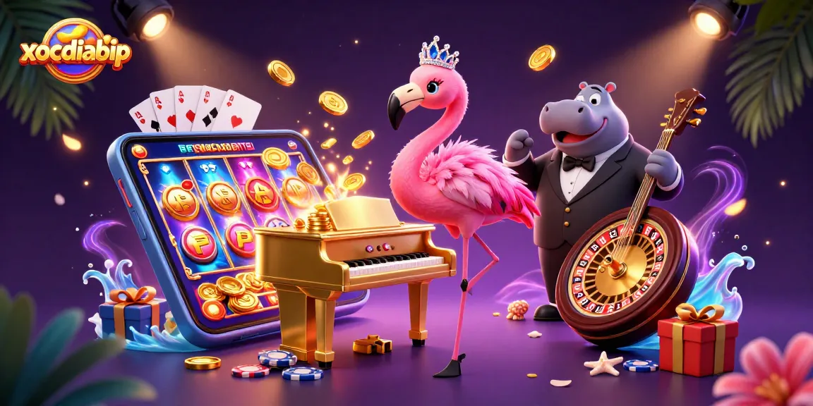 Experience thrilling slots action with xocdiabip as flamingo musicians perform amidst vibrant casino elements.