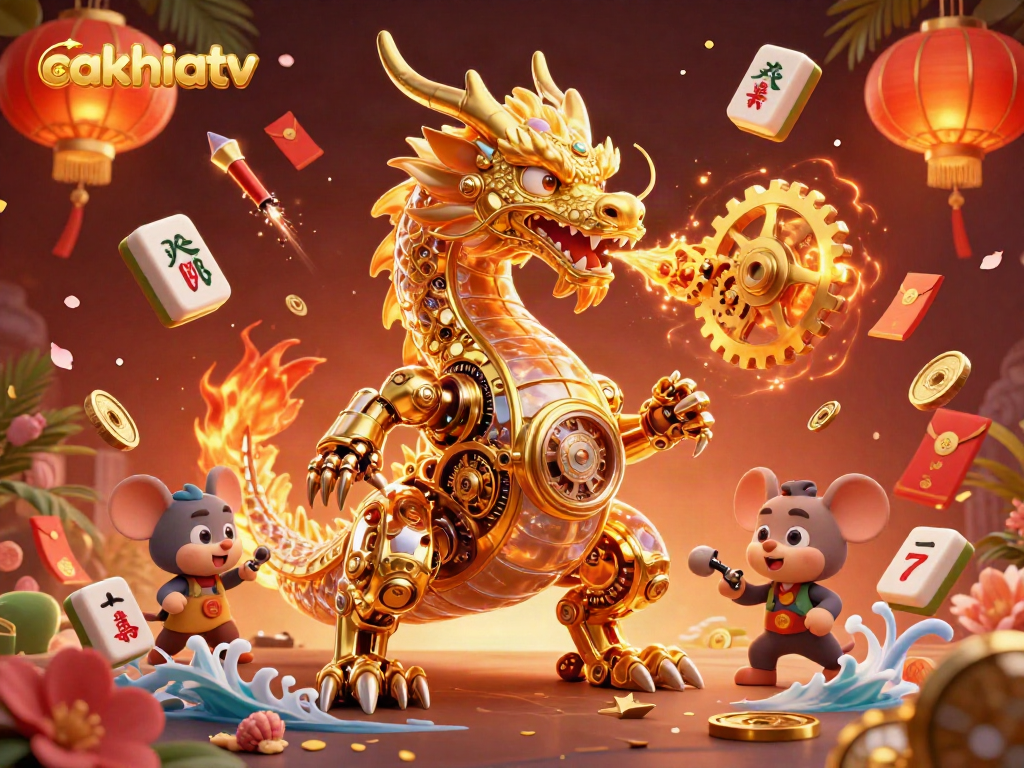 Experience the excitement of cakhiatv with a dynamic golden dragon scene featuring slot reels and festive elements.