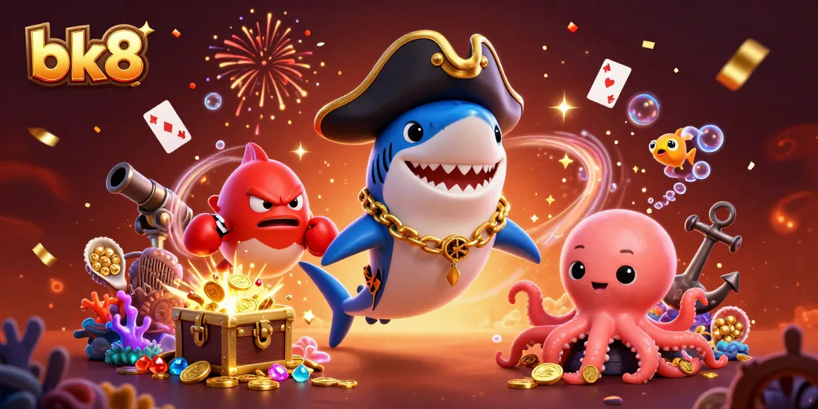 Engage in thrilling gaming at bk8 with a lively scene featuring pirate shark, boxing pufferfish, and gold-holding octopus.