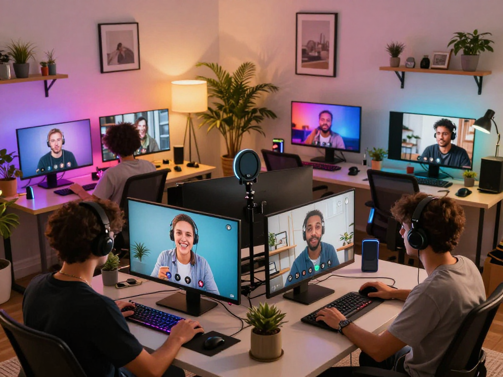 Dynamic online community scene showcasing nsfw ai content creation with diverse users and vibrant home office setups.