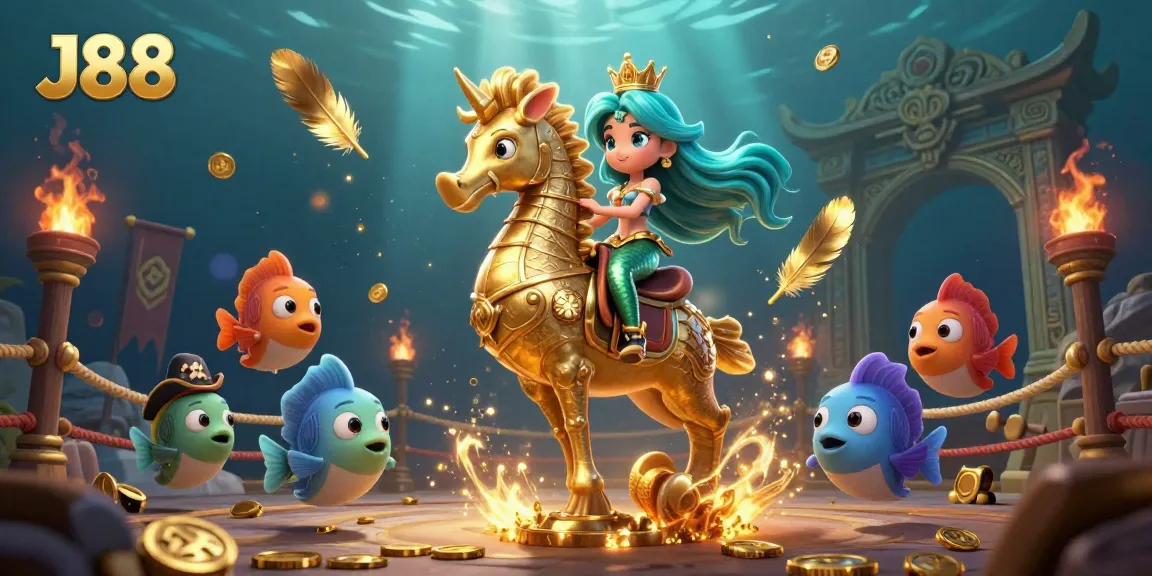 Engage with J88's dynamic underwater world, featuring a mermaid and seahorse amidst vibrant casino elements.