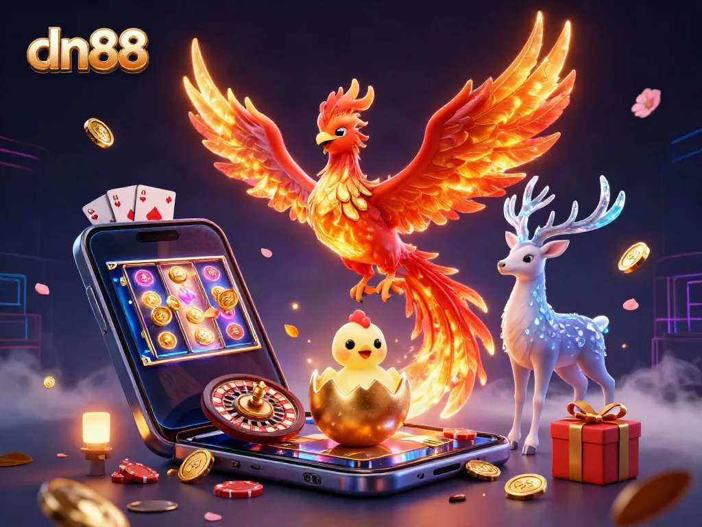 Experience the thrill of gameplay at dn88 with a fiery phoenix and vibrant casino elements.