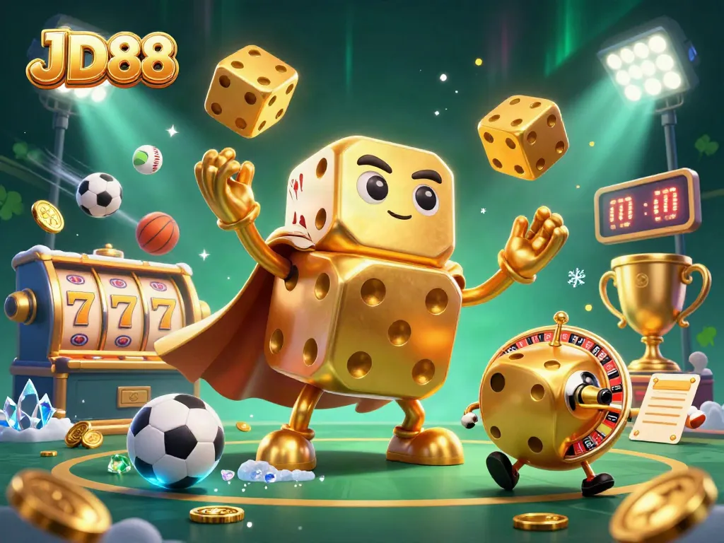 Engage with JD88's vibrant casino adventure featuring golden dice and dynamic game elements.