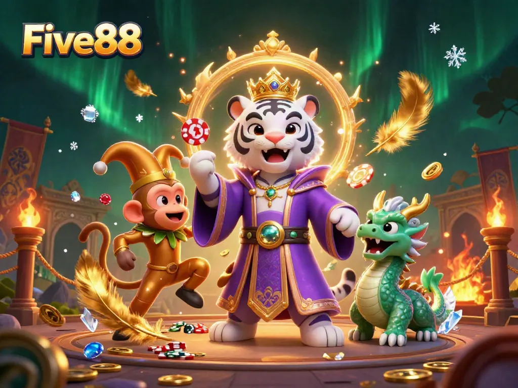 Experience thrilling gaming at Five88 with a cartoon tiger, playful monkey, and jade dragon in a vibrant casino scene.