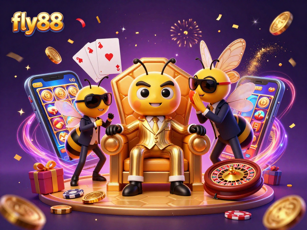 Experience the thrill of fly88 with a cartoon mob boss and gaming elements in a vibrant 3D illustration.
