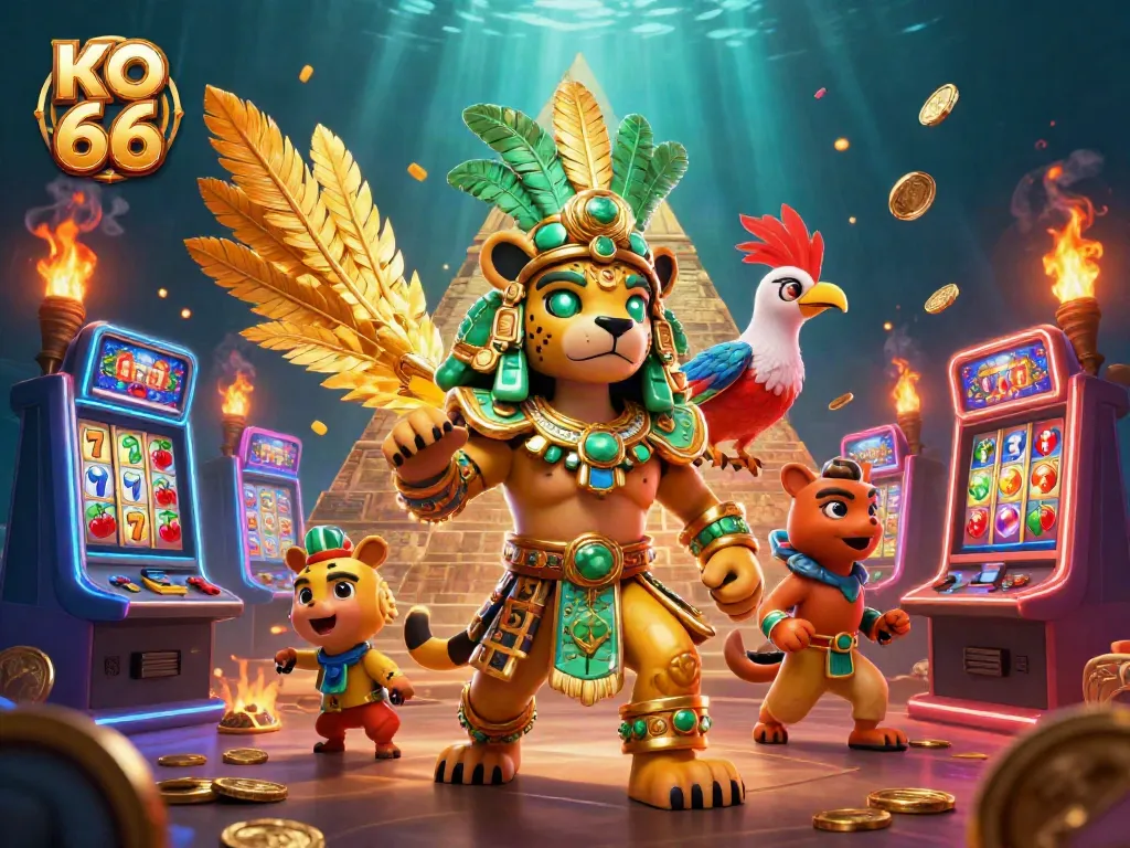 Engage in thrilling gameplay with KO 66, featuring a vibrant scene of a Mayan priest surrounded by slot machines.