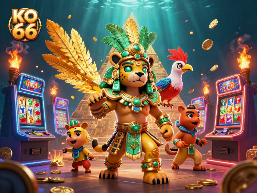 Engage in thrilling gameplay with KO 66, featuring a vibrant scene of a Mayan priest surrounded by slot machines.