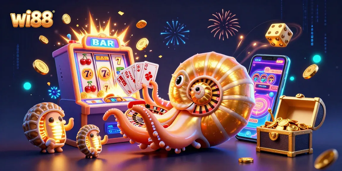 Experience the thrill of wi88 with a giant nautilus roulette wheel amidst vibrant casino treasures.