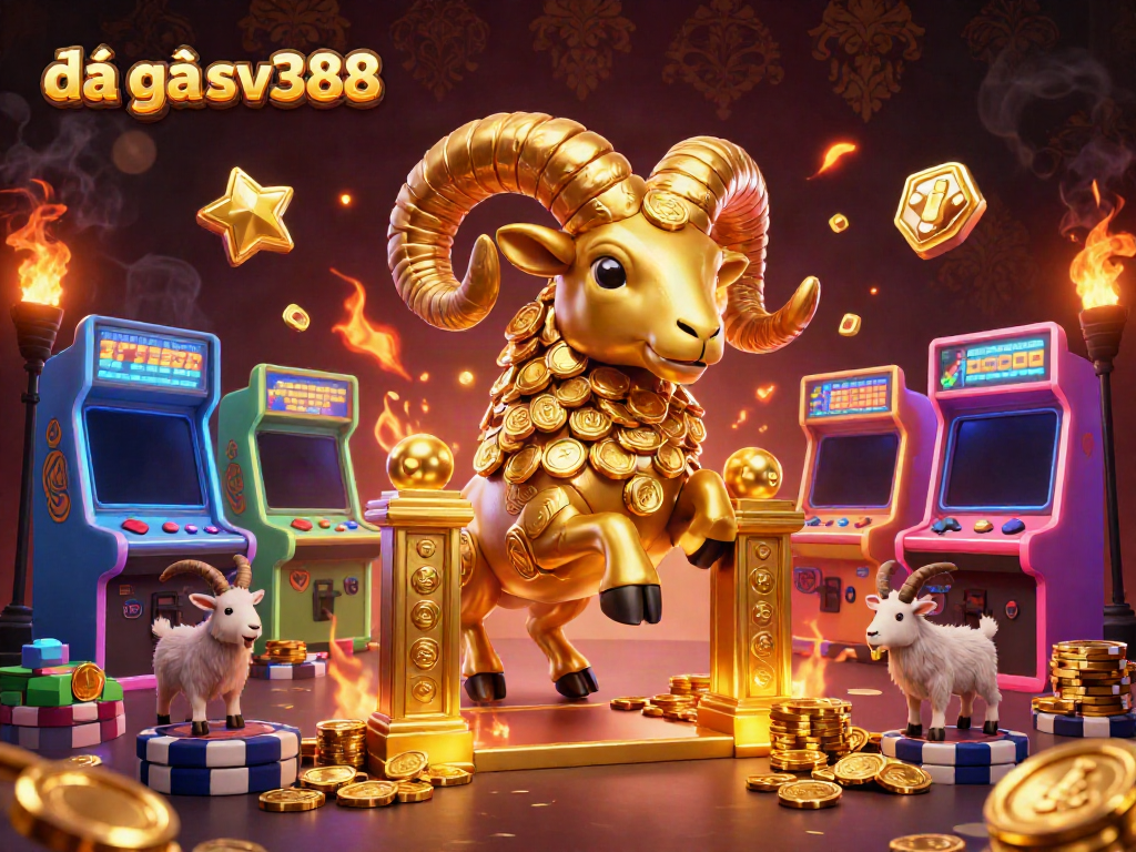 Experience thrilling đá gà sv388 action with golden ram and arcade elements in this colorful 3D scene.