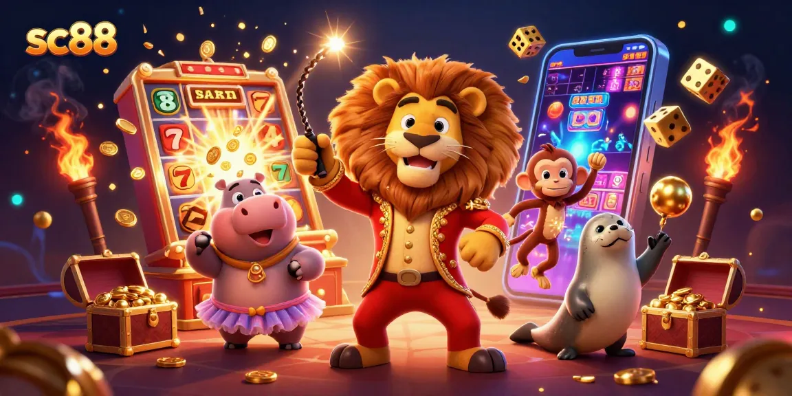 Spin to win at sc88 with vibrant scenes of colorful slot machines and circus characters.