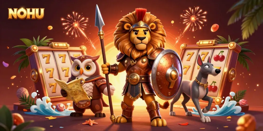 Engage with NOHU's exciting 3D casino illustration showcasing lions, owls, and greyhounds amidst dynamic gaming elements.