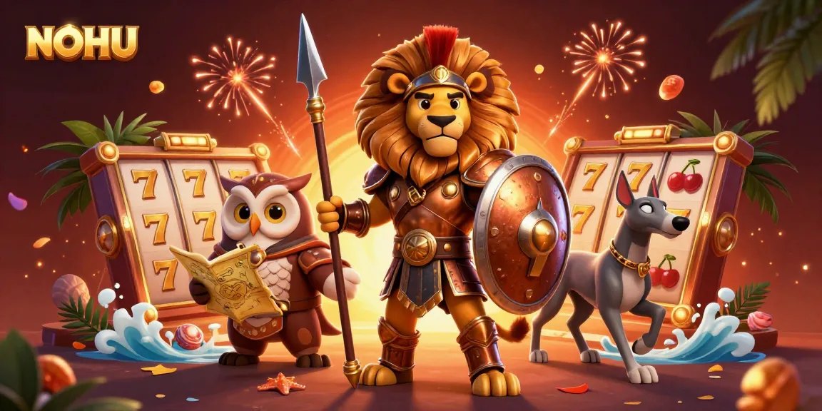 Engage with NOHU's exciting 3D casino illustration showcasing lions, owls, and greyhounds amidst dynamic gaming elements.