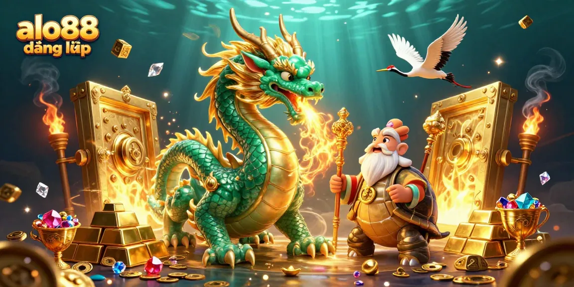 Experience the magic of alo88 đăng nhập with animated characters amidst shimmering treasures and casino elements.