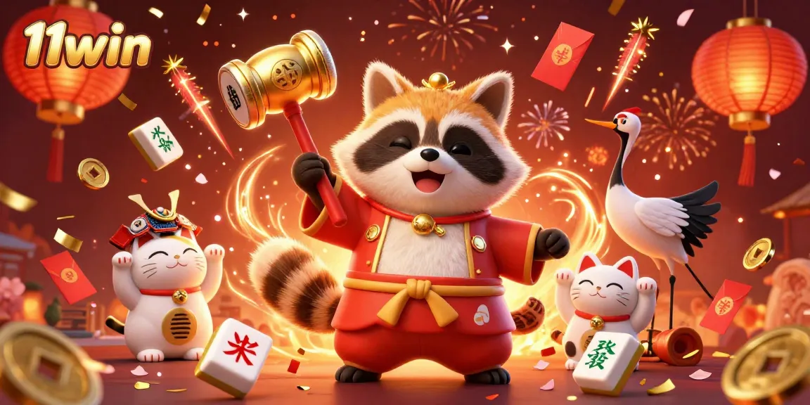 Engaging illustration featuring 11win's cheerful tanuki and festive elements set in a vibrant casino theme.