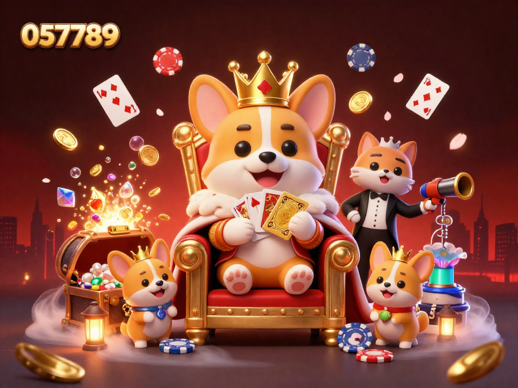 Engage with the 057789 royal gaming experience, featuring a corgi king on a throne amidst vibrant casino treasures.