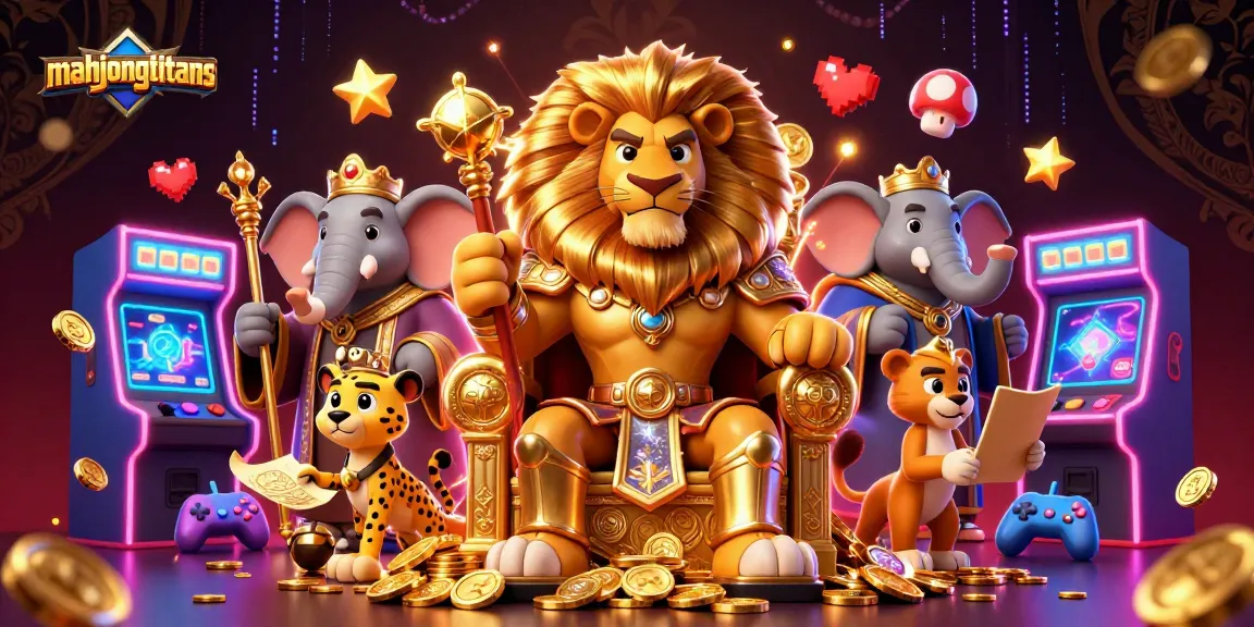 Engage with mahjongtitans in a vibrant casino scene featuring a lion king and game elements.