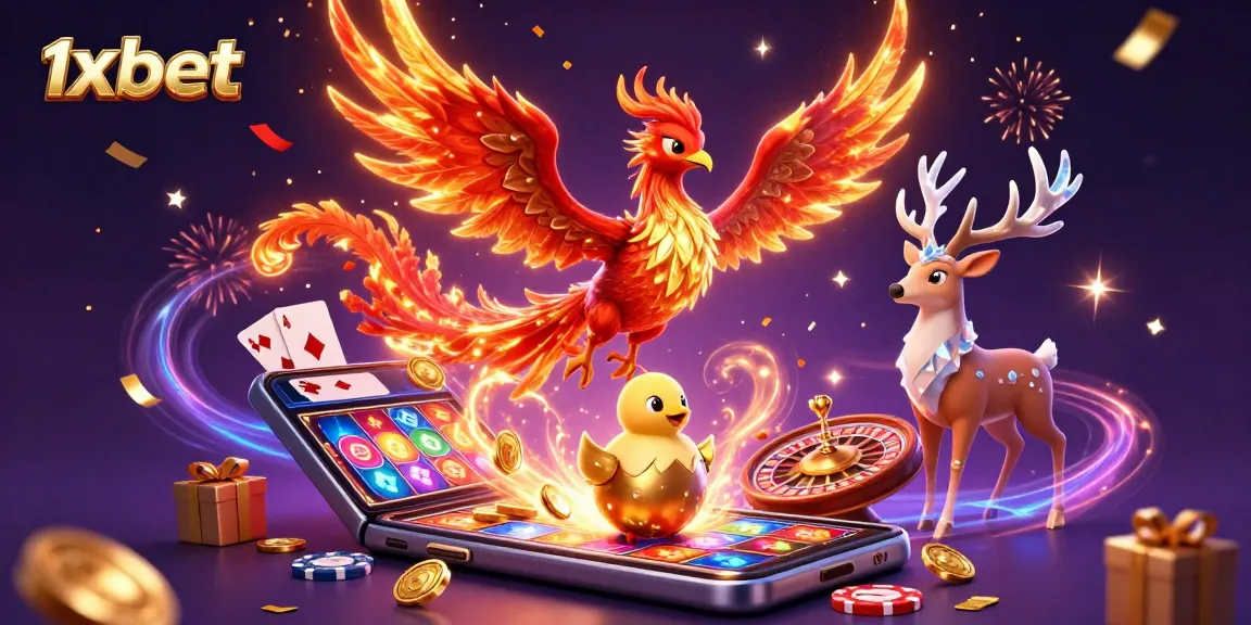 Engage with 1xbet through vibrant slot games illustrated with a fire phoenix and dynamic gaming elements.