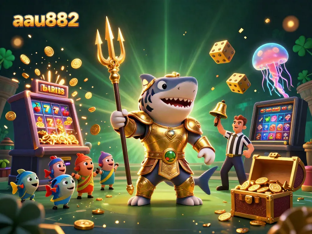 Engage with the thrilling aau882 casino adventure featuring a shark warrior amidst a jackpot explosion.