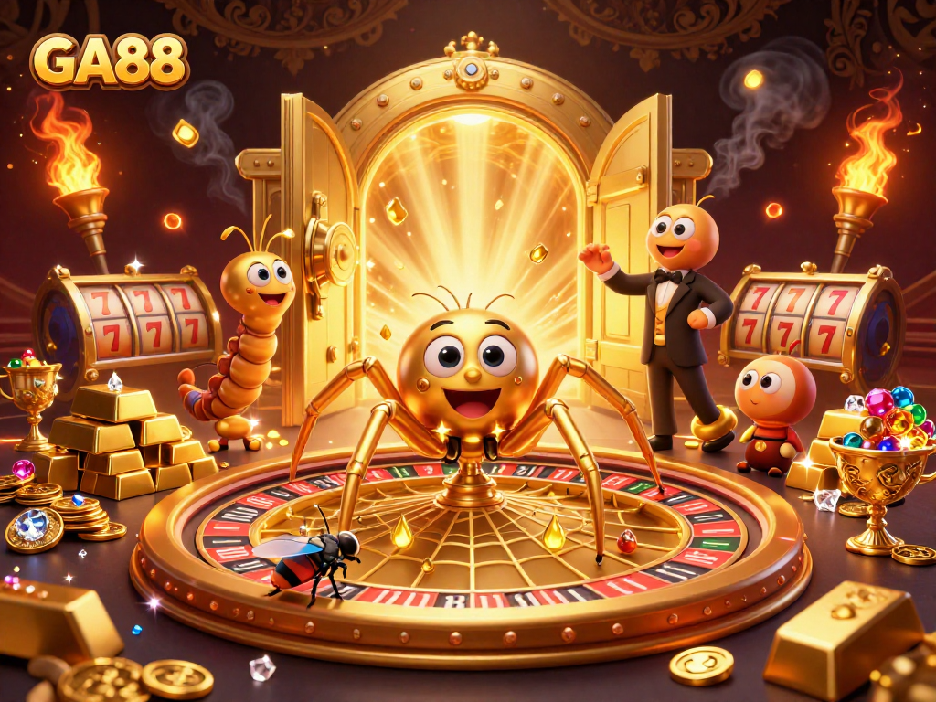 Place bets with GA88 at this vibrant casino scene featuring a golden spider and croupier.