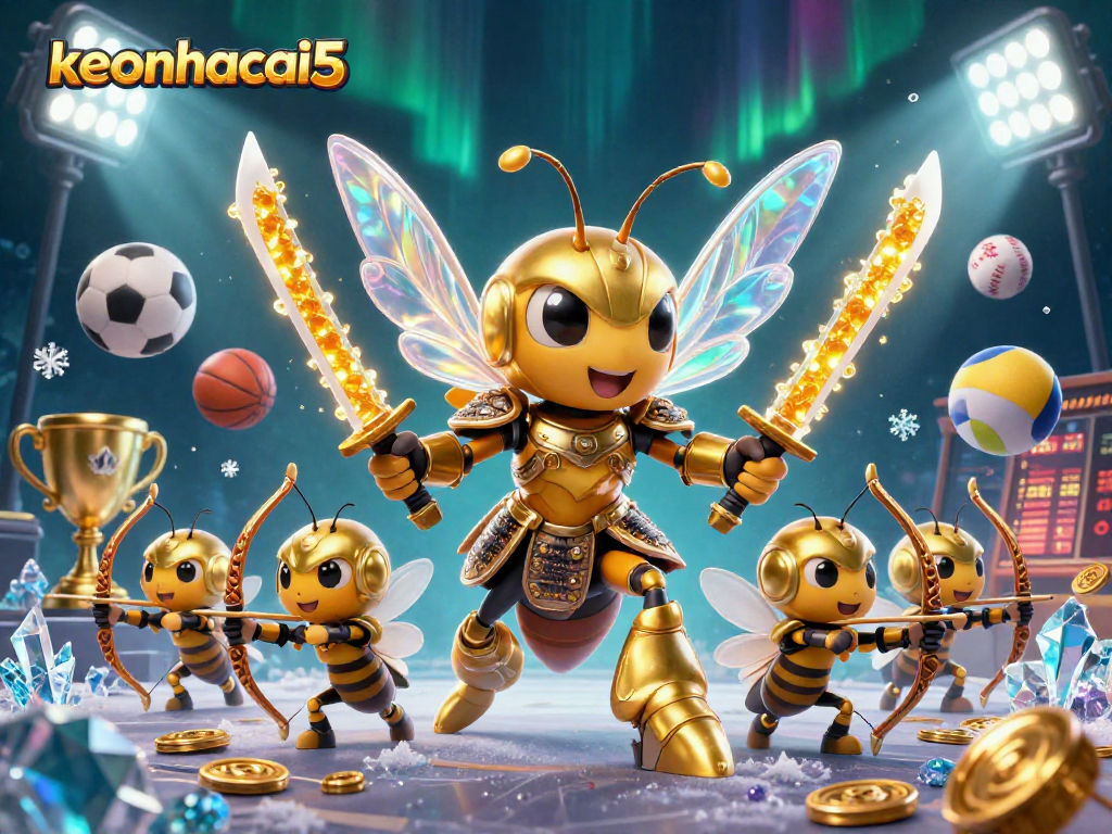 Experience the excitement with keonhacai5 as a giant golden hornet wields honey katanas amidst dynamic sports themes.