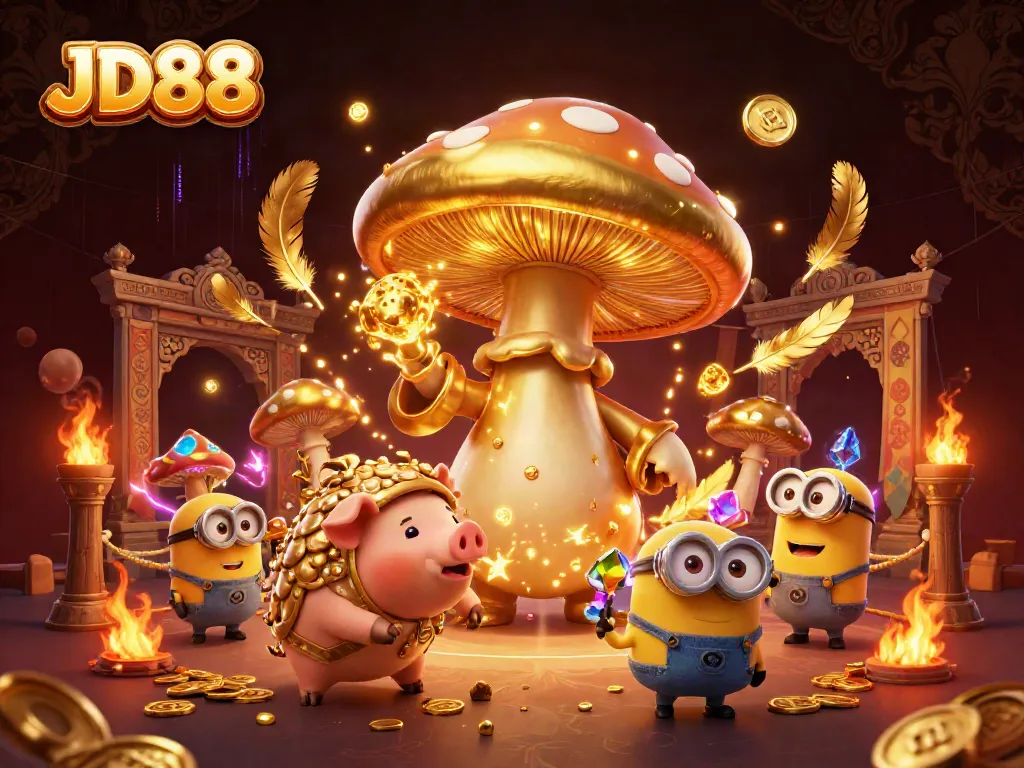 Experience the enchanting world of JD88 with a golden mushroom wizard and treasure-hunting pig.