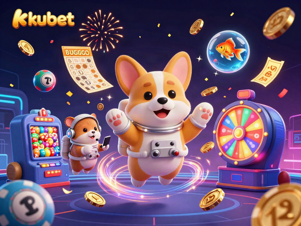Kubet online casino features dynamic gaming elements with a playful astronaut corgi in a space station.