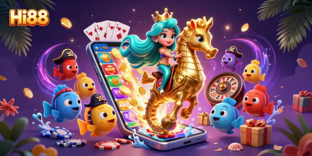 Experience thrilling gaming with Hi88's vibrant mermaid scene featuring iconic casino elements.