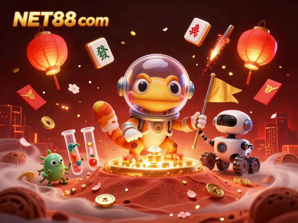 Martian gecko enjoys a golden casino discovery at NET88 com, featuring festive decorations and game elements.