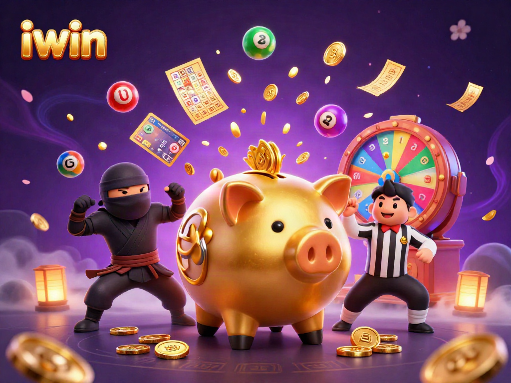 Engage with iwin's thrilling jackpot games as bright lottery balls and golden prizes explode around a dynamic casino scene.