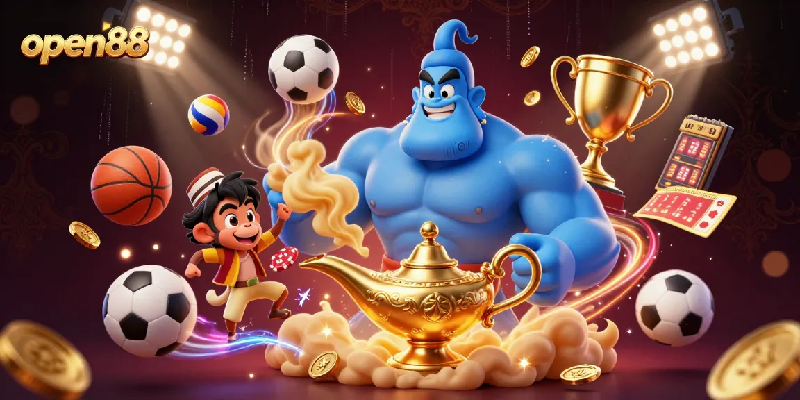 Experience the thrill of open88 with a dynamic 3D scene featuring a genie, monkey, and casino elements.