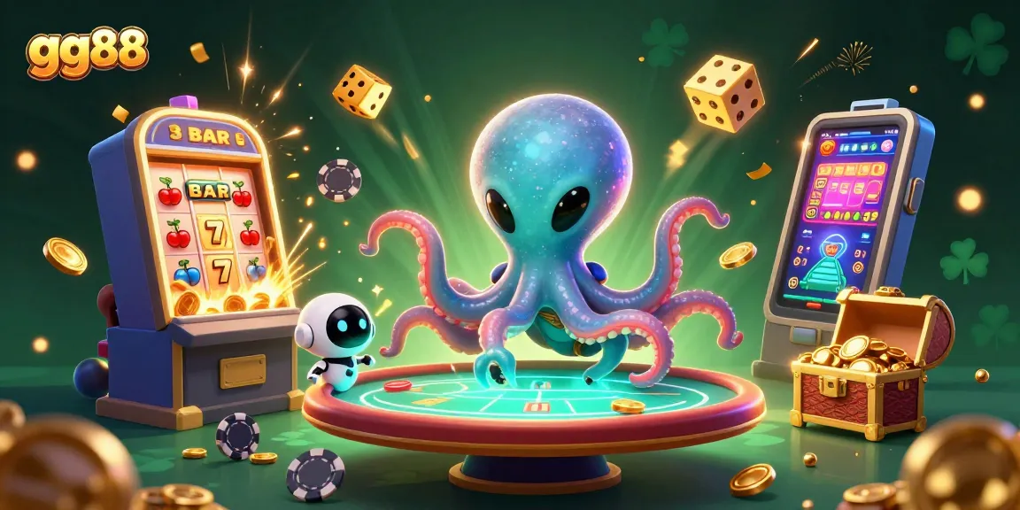 Experience thrilling gameplay at gg88 with an alien octopus running a casino table, jackpot loot, and vibrant gaming elements.