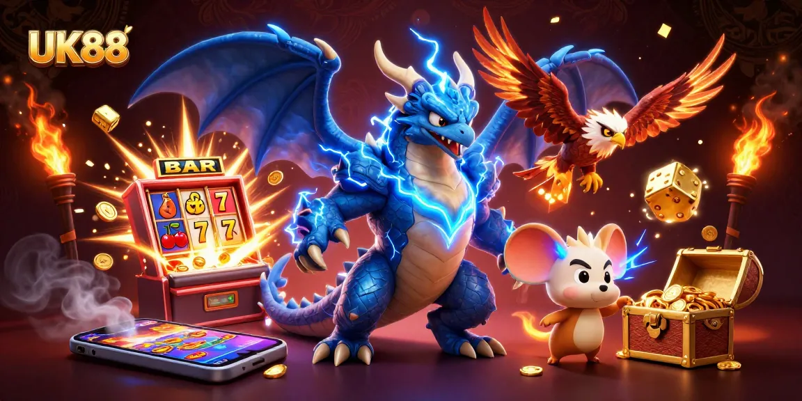 Win at UK88 with vibrant slot machines and exciting casino symbols in a 3D thrilling scene.