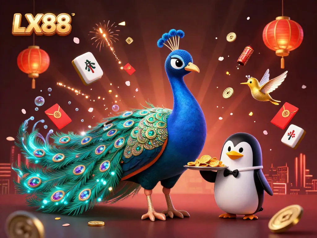 Experience the vibrant energy of LX88 through a lively casino scene featuring a colorful peacock and penguin with chips.