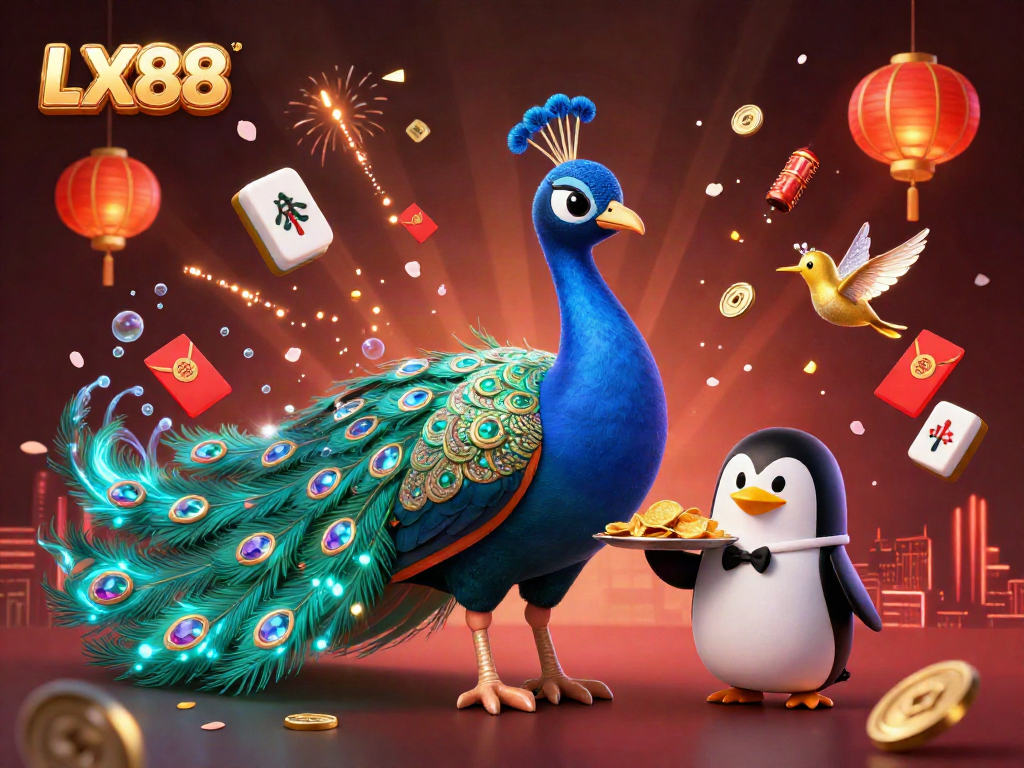 Experience the vibrant energy of LX88 through a lively casino scene featuring a colorful peacock and penguin with chips.
