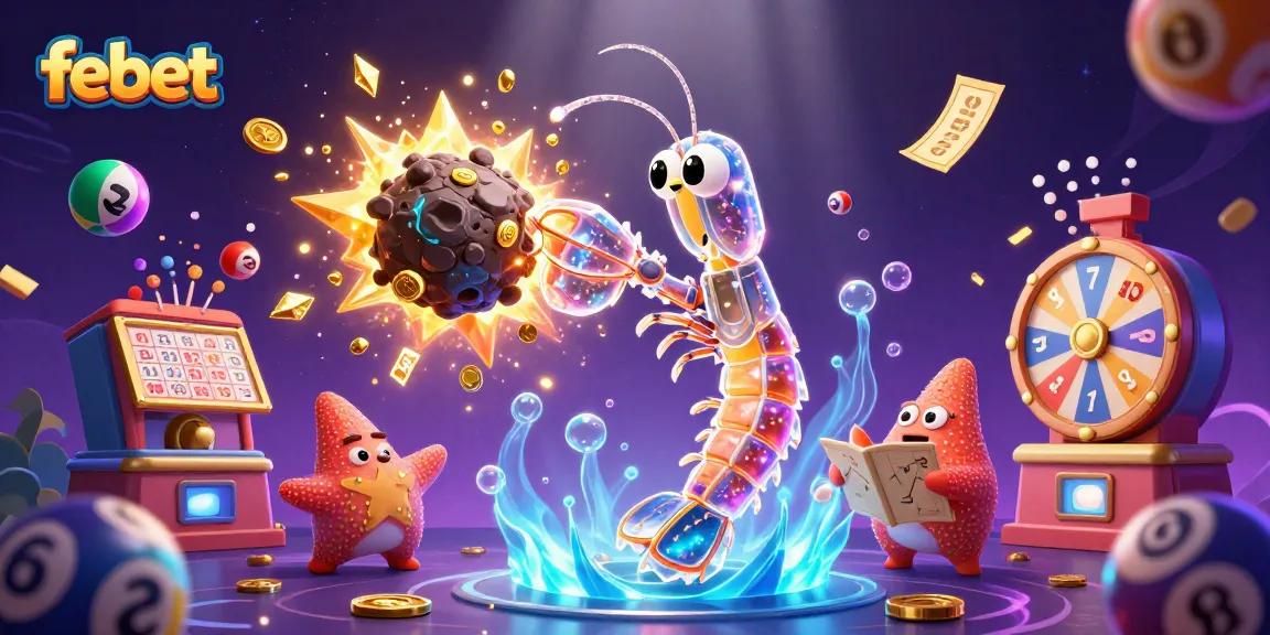 Engage with febet's thrilling gambling adventures surrounded by vibrant lottery and casino elements.