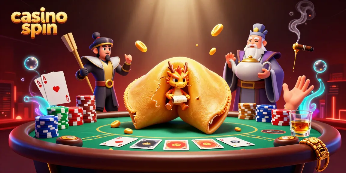 Experience casino spin with giant fortune cookie, wise dragon, and poker elements in a vibrant scene.