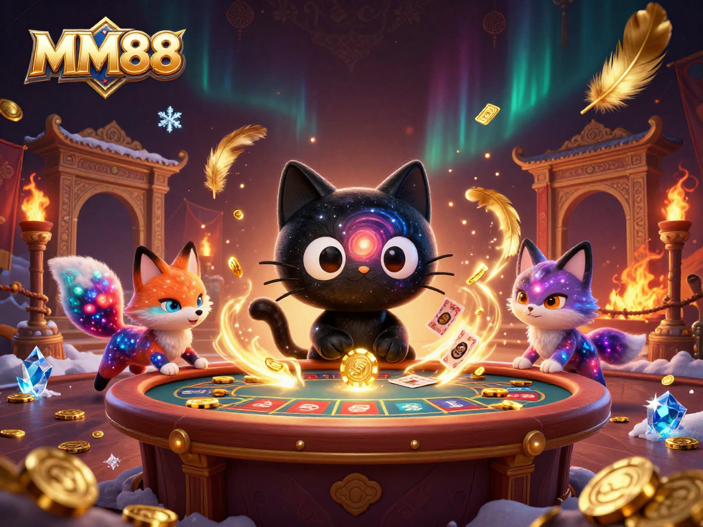 Experience the thrill of MM88 at a cosmic casino with a black hole cat and nebula fox.