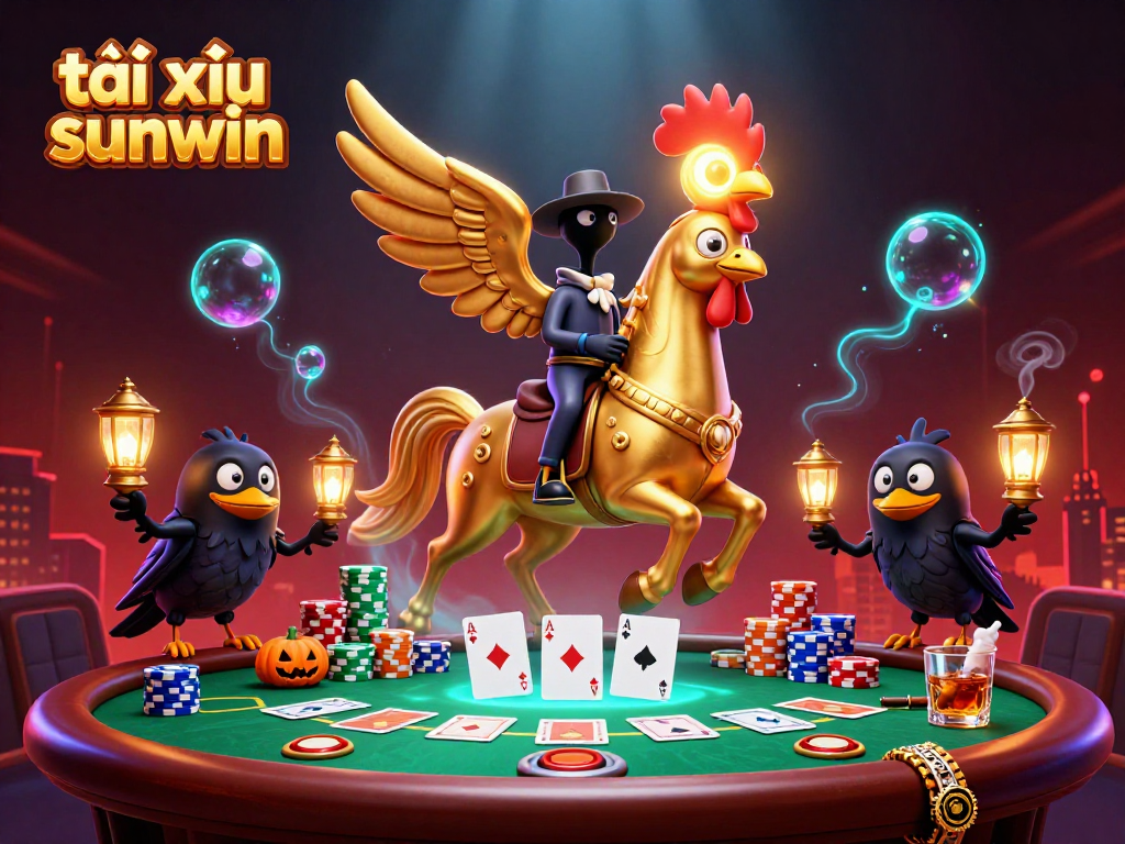 Experience the thrill of tài xỉu sunwin in this vibrant casino scene featuring a golden rooster and poker elements.