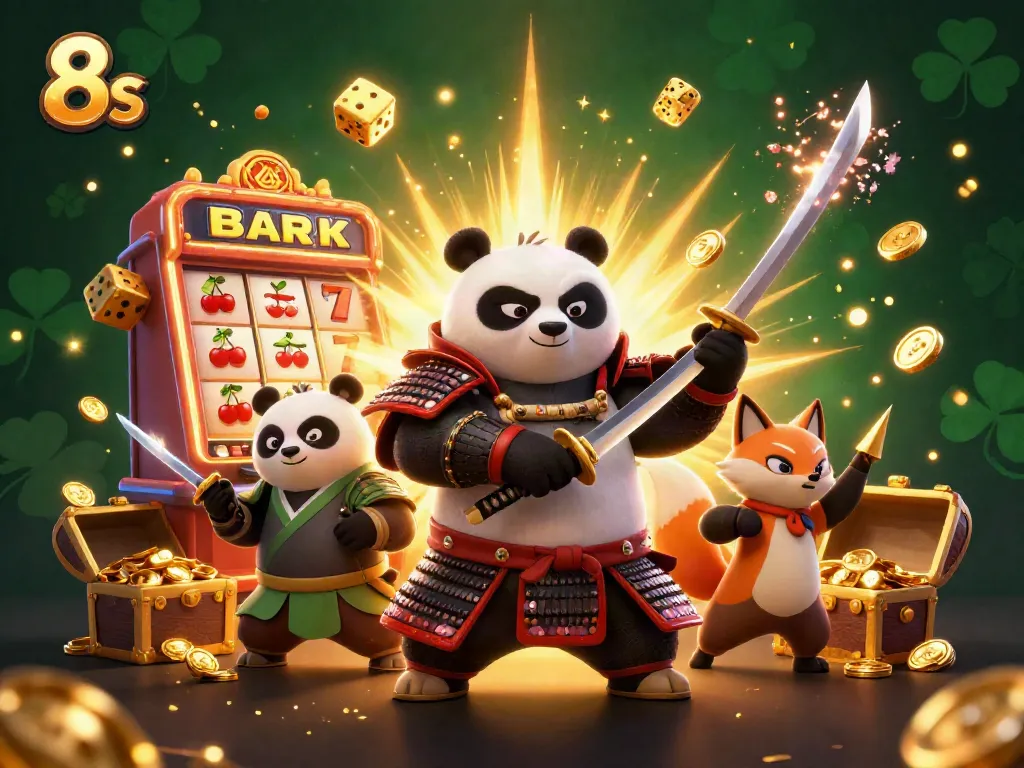 Engage with 8s by spinning the reels amidst a vibrant, exciting scene of jackpots and winning symbols.